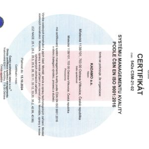 Certifikát systému řízení kvality dle ČSN EN ISO 9001:2016