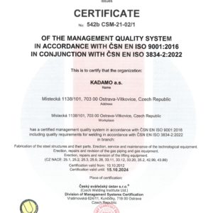 Certificate of the quality management system for welding acc. ČSN EN ISO 3834-2:2006
