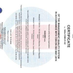 Certificate of the quality management system acc. ČSN EN ISO 9001:2016