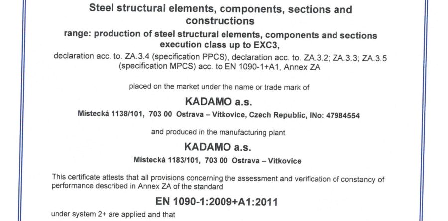 Bescheinigung zur Durchführung von Stahlkonstruktionen bis zur Klasse EXC3 nach EN 1090-2+A1