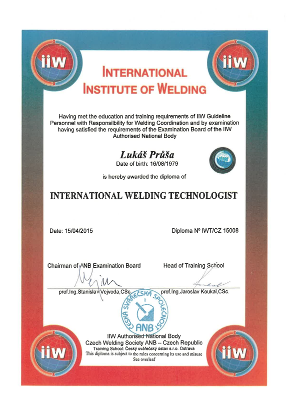 Diplom „Internationaler Schweißtechnologe“ IWT/CZ 15008