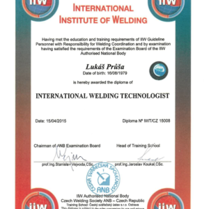 Diplom mezinárodního svářečského technologa IWT/CZ 15008