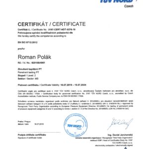 Certifikát pro penetrační zkoušení PT 2 dle  EN ISO 9712:2012