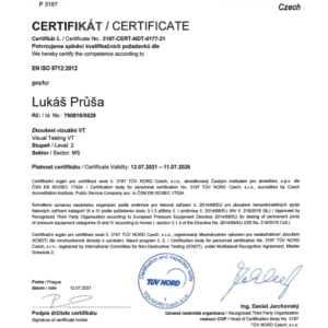 Certifikát PRO VIZUÁLNÍ ZKOUŠENÍ VT 2 DLE EN ISO 9712:2012